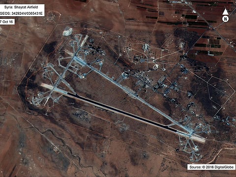 This October 7, 2016 satellite image released by the US Department of Defence shows Shayrat air base in Syria. The United States blasted a Syrian air base with a barrage of cruise missiles on April 7, 2017 in fiery retaliation for a gruesome chemical weapons attack against civilians.