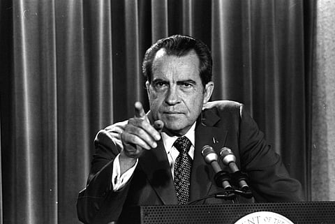 In this March 15, 1973 file photo, President Nixon tells a White House news conference that he will not allow his legal counsel, John Dean to testify on Capitol Hill in the Watergate investigation and challenged the Senate to test him in the Supreme Court.