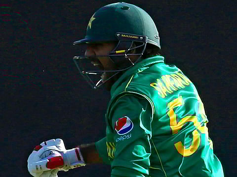 Pakistan's Sarfraz Ahmad celebrates his match-winning boundary in the ICC Champions Trophy
