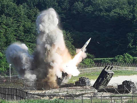 A US MGM-140 missile is fired during the combined military exercise between the US and South Korea, on Wednesday.