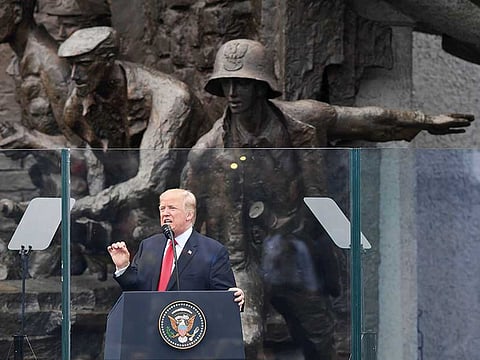 US President Donald Trump gives a speech in front of the Warsaw Uprising Monument on Krasinski Square on the sidelines of the Three Seas Initiative Summit in Warsaw, Poland (File image)