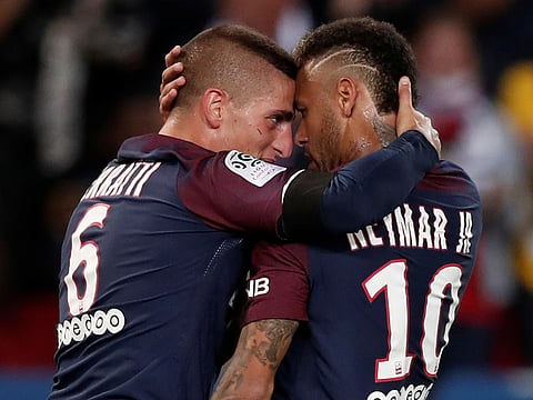 Neymar (right) celebrates scoring a goal with PSG teammate Marco Verratti in December last year. The team was declared as Ligue 1 champions for 2019-20 season on the basis of their points position.