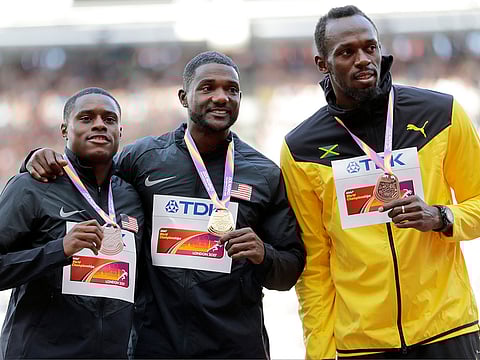 Christian Coleman (left), who won the silver in the 100m sprint at the 2017 World Championships, with Justin Gatlin (centre) and Usain Bolt, winners of gold and bronze medals on that occasion.