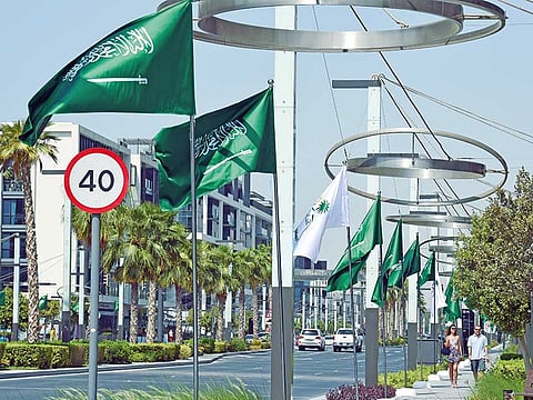 Saudi Arabia flags are displayed at Citywalk in Jumeirah, Dubai on the occasion of Saudi Arabia’s 87th National Day.