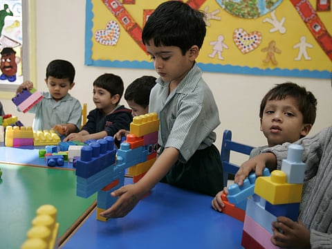 Kids playing with blocks in a nursery in Dubai. Picture for illustrative purposes only