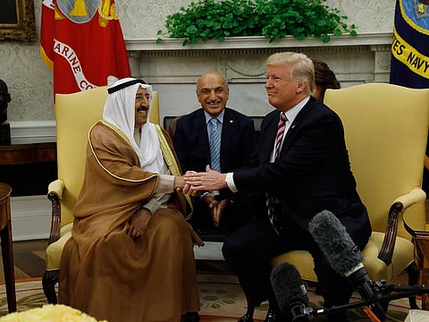 US President Donald Trumpwelcomes Emir of Kuwait, Sheikh Sabah Al Ahmed Al Sabah, at the White House Oval Office in Washington, September 7, 2017.