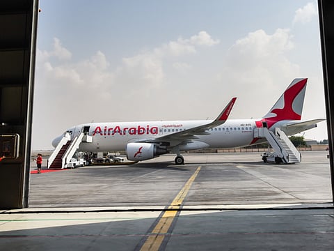 Air Arabia’s branded Airbus A320 aircraft at Sharjah International Airport.