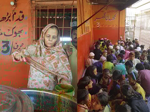 Left: Parveen Saeed at Khana Ghar, Karachi Pakistan. Right: Children await food to be served.