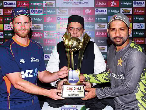 New Zealand captain Kane Williamson and his Pakistan counterpart Sarfraz Ahmad hold the winners’ trophy of the three-match One Day International series. The first match will be played in Abu Dhabi today.