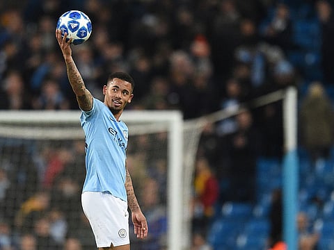 Manchester City's Brazilian striker Gabriel Jesus celebrates after scoring a hat trick to make it 6-0.