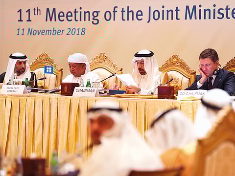 From left: UAE Minister of Energy Suhail Al-Mazroui, Opec Secretary General Mohammad Barkindo, Saudi Energy Minister Khalid Al Falih and Russian Energy Minister Alexander Novak attend a meeting of the Joint Ministerial Monitoring Committee in Abu Dhabi on Sunday.