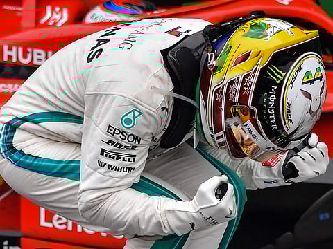 Mercedes' British driver Lewis Hamilton celebrates after winning the F1 Brazil Grand Prix, while Mercedes took the constructors title.
