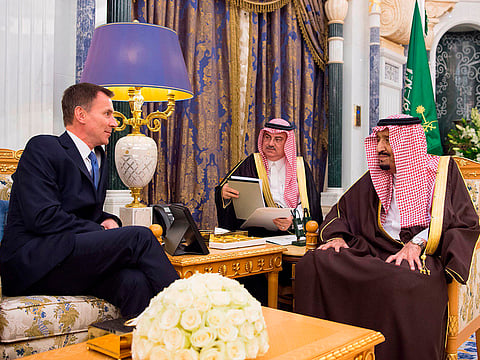 Saudi King Salman meeting Britain's Foreign Secretary Jeremy Hunt in Riyadh