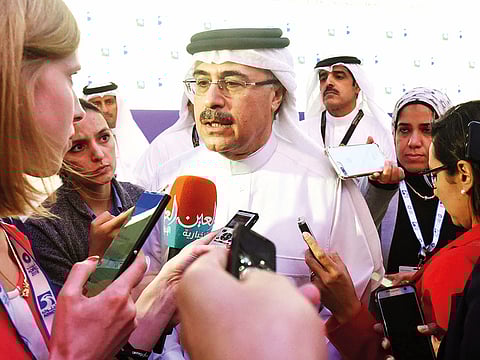 Amin Nasser speaking to reporters after singing a MOU with Adnoc during the opening of Adipec 2018.