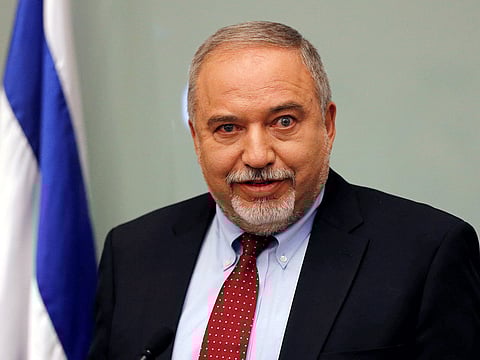 Israel's Defence Minister Avigdor Lieberman delivers a statement to the media following his party, Yisrael Beitenu, faction meeting at the Knesset, Israel's parliament, in Jerusalem