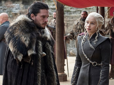 Kit Harington, left, and Emilia Clarke on an episode of "Game of Thrones".
