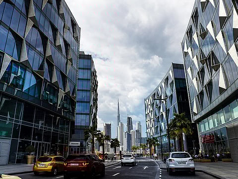 A view at Dubai Design District during a cloudy day.