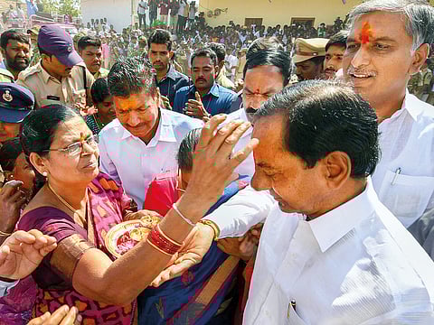 Telangana’s caretaker Chief Minister and TRS supremo K Chandrasekhar Rao after filing his nomination papers as a candidate for Gajwel Assembly constituency on Wednesday.