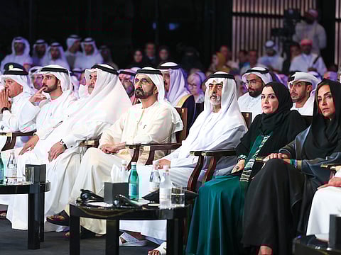 Shaikh Mohammad Bin Rashid; Shaikh Hamdan Bin Mohammad Bin Rashid Al Maktoum, Dubai Crown Prince and Chairman of the Executive Council; Shaikh Nahayan; Dr Amal Al Qubaisi, Speaker of Federal National Council, and Princess Lamia (extreme right) on the first day of the World Tolerance Summit in Dubai on Thursday.