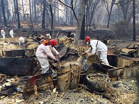 Volunteer rescue workers search for human remains in the rubble of burned homes in Paradise, Calif., Thursday, Nov. 15, 2018.