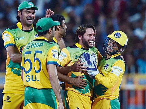 Shahid Afridi of Pakhtoons celebrating after claiming a hat-trick last year. Pakhtoons finished runners-up last year losing to Kerala Kings in the final.