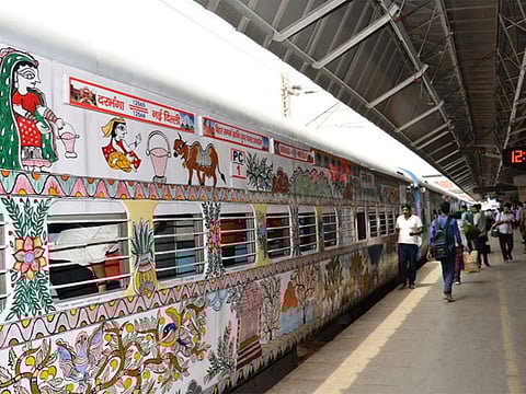 Trains in India get a makeover: The old dark blue-coloured coaches have been repainted with traditional Mithila art work, also called Madhubani painting.