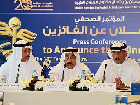 From left: Prof. Yousef Abdulrazzaq, Dr Ahmad Al Hashemi and Abdullah Bin Souqat are seen during the press conference to announce the winners of Shaikh Hamdan Bin Rashid Maktoum Award for Medical Sciences.