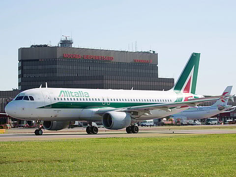 An Alitalia jet at Sheremetyevo International Airport in Moscow on June 1, 2018.