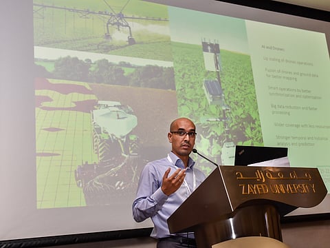 Dr. Ali Elbattay addressing delegates on "UAVs Perspective for Agruculture and Food Security" at the 1st edition of Drones Synergies conference in Dubai.