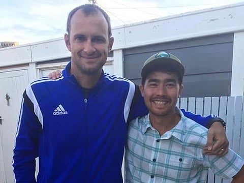 , American adventurer John Allen Chau, right, stands for a photograph with Founder of Ubuntu Football Academy Casey Prince, 39, just days before he left for India