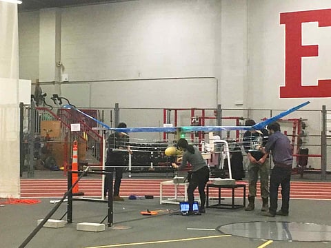 An experimental aircraft created by engineers at the Massachusetts Institute of Technology called V2 (Version 2 EAD Airframe) that uses electro-aerodynamic propulsion and is solid-state, with no moving parts, is shown at the duPont Athletic Center in Cambridge, Massachusetts in this undated handout image