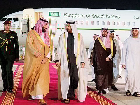 Mohammad Bin Zayed receives Mohammad Bin Salman.