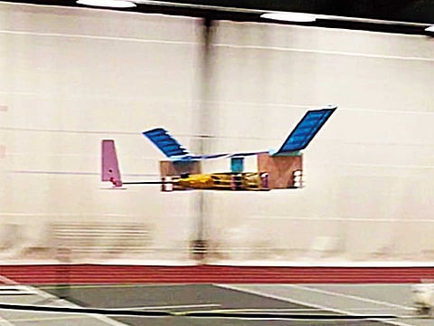 The experimental aircraft created by engineers at the Massachusetts Institute of Technology called, V2, is shown at the DuPont Athletic Centre in Cambridge, Massachusetts