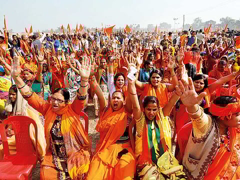 Supporters of the Vishva Hindu Parishad (VHP), a Hindu nationalist organisation, shout slogans during the ‘Dharma Sabha’ religious event organised by the VHP in Ayodhya, Uttar Pradesh.