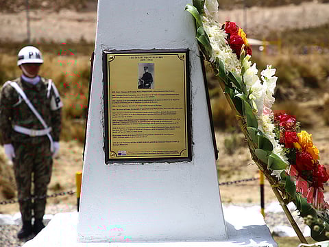 View of the monument to French lieuntenant Francois Aubry (1879-1914), who was killed in combat at the entrance of a copper mine in the Peruvian Andes during World War I, in Cerro de Pasco, 300 km northwest of Lima, on November 13, 2018.