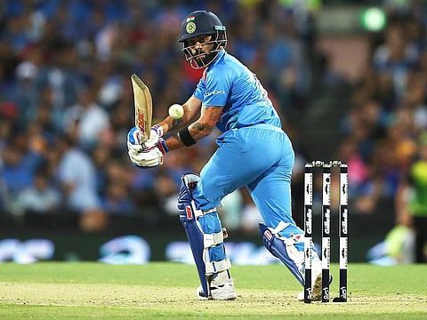 India's Virat Kohli bats against Australia during their Twenty20 cricket match in Sydney, on Sunday, November 25, 2018.