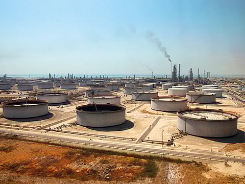 Crude oil storage tanks at the Juaymah tank farm at Saudi Aramco’s Ras Tanura oil refinery.