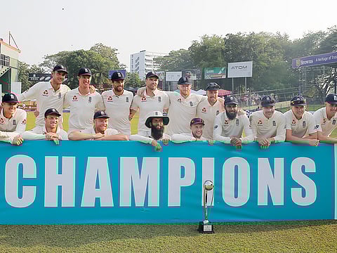 Members of the England cricket team pose for a group photo after the third test cricket match between Sri Lanka and England in Colombo, Sri Lanka, Monday, November 26, 2018.