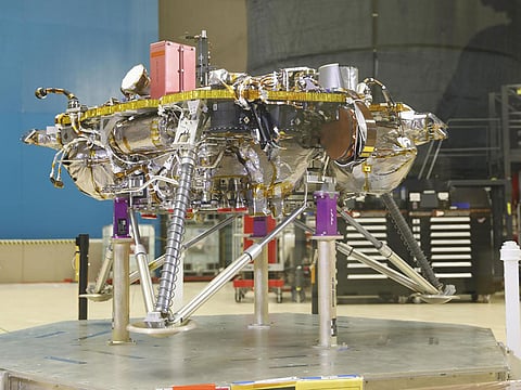 This image, taken at Lockheed Martin Space in Littleton shows several of the critical landing systems of the InSight Mars lander, including the thrusters, lander legs and science deck.