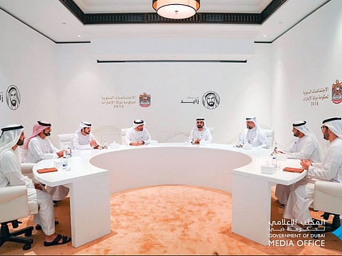 Shaikh Mohammad Bin Rashid and Shaikh Mohammad Bin Zayed hold discussions with Crown Princes Shaikh Hamdan Bin Mohammad Al Maktoum of Dubai, Shaikh Sultan Bin Mohammad Al Qasimi of Sharjah, Shaikh Ammar Bin Humaid Al Nuaimi of Ajman, Shaikh Mohammad Bin Hamad Al Sharqi of Fujairah, Shaikh Rashid Bin Saud Bin Rashid Al Mualla of Umm Al Quwain and Shaikh Mohammad Bin Saud Bin Saqr Al Qasimi of Ras Al Khaimah during the government meeting in Abu Dhabi on Tuesday.