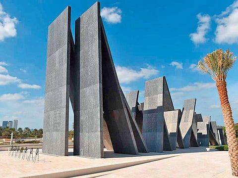 Wahat Al Karama (Oasis of Dignity), located east of the Shaikh Zayed Grand Mosque in Abu Dhabi, is a monument to UAE martyrs. It comprises a series of metal panels resting against each other, symbolising the harmony, strength and support between the soldiers, families and citizens in times of tribulation.