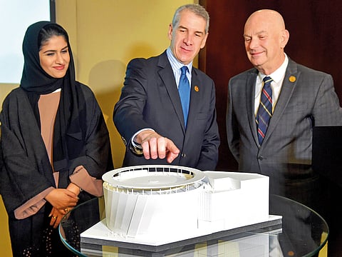 Maha Al Gargawi, Director, International participants, Expo 2020, Philip Frayne, US Consul General in Dubai and Ambassador Frederick Bush, Chairman, Pavilion USA 2020 at the unveiling of the design of Pavilion USA 2020 on Wednesday.