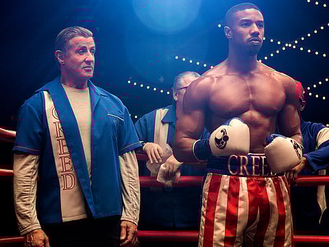Sylvester Stallone, left, and Michael B. Jordan in "Creed II."