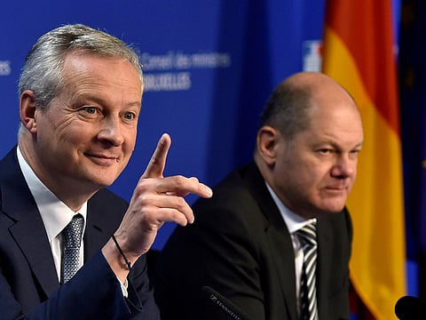 French Economy Minister Bruno Le Maire and German Finance Minister Olaf Scholz hold a news conference after a Euro zone finance ministers meeting in Brussels, Belgium November 19, 2018.