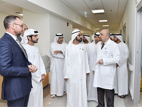 Shaikh Mohammad Bin Rashid being briefed on the various facilities at Mediclinic Parkview Hospital in Al Barsha during his visit on Monday. He was accompanied by Shaikh Hamdan.