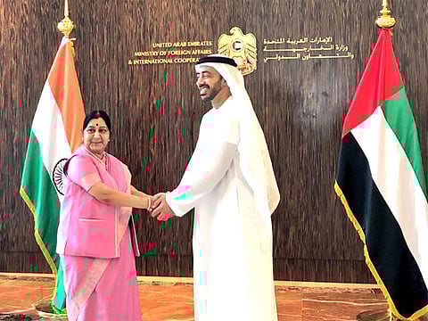 Shaikh Abdullah Bin Zayed Al Nahyan with Sushma Swaraj in Abu Dhabi.