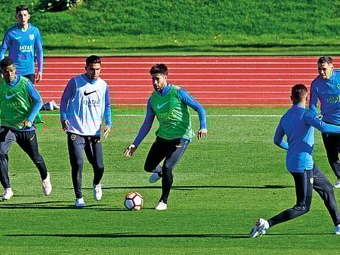 Boca Junior’s Pablo Perez (centre) during a training session in Madrid. Today’s match kicks off at 11.30pm UAE time.