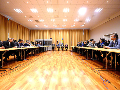 Swedish Foreign minister Margot Wallstrom, U.N. envoy to Yemen Martin Griffiths and delegates attend the opening press conference on U.N.-sponsored peace talks for Yemen at Johannesberg castle, Stockholm, Sweden.