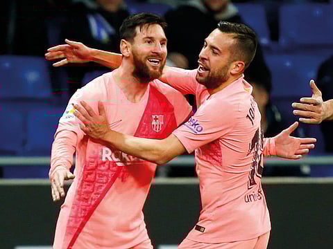FC Barcelona’s Lionel Messi celebrates during the La Liga match against Espanyol at RCDE stadium in Cornella Llobregat