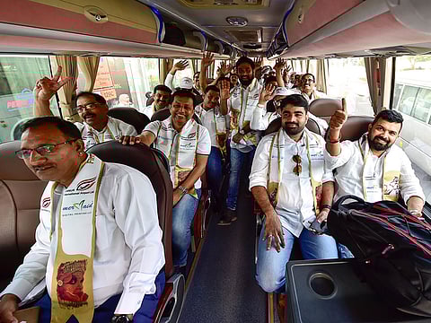 Members of North Malabar Chamber of Commerce with family and friends leaving for Abu Dhabi to board the inaugural Air India Explress return flight to Newly opened Kannur International airport in Kerala